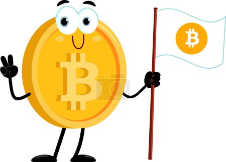 Illustration for Bitcoin Cartoon Character Showing Victory Hand Sign And Waving Flag. Vector Illustration Flat Design Isolated On Transparent Background - Royalty Free Image