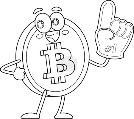 Illustration for Bitcoin Cartoon Character Showing Number One With Foam Finger. Vector Illustration Flat Design Isolated On Transparent Background - Royalty Free Image
