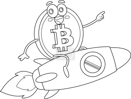 Ilustración de Carácter de la historieta de Bitcoin volando en el cohete y señalando .Vector Ilustración Diseño plano aislado sobre fondo transparente - Imagen libre de derechos