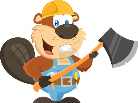 Illustration for Cute Beaver Cartoon Character Wearing A Helmet Holding An Axe. Vector Illustration Flat Design Isolated On Transparent Background - Royalty Free Image