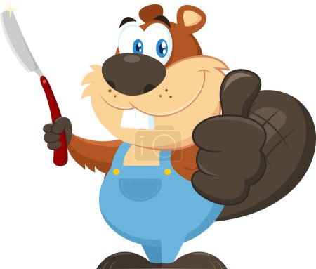 Téléchargez les illustrations : Mignon Beaver personnage de bande dessinée tenant rasoir droit. Illustration vectorielle Design plat isolé sur fond transparent - en licence libre de droit