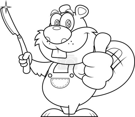 Téléchargez les illustrations : Mignon Beaver personnage de bande dessinée tenant rasoir droit. Illustration vectorielle Design plat isolé sur fond transparent - en licence libre de droit