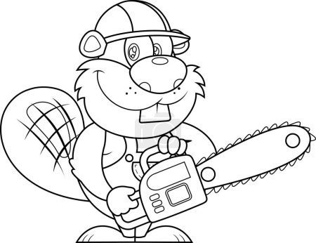 Illustration for Cute Beaver Cartoon Character Wearing A Helmet Using A Chainsaw. Vector Illustration Flat Design Isolated On Transparent Background - Royalty Free Image