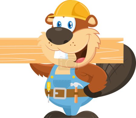 Illustration for Cute Beaver Carpenter Cartoon Character Holding Wood Plank. Vector Illustration Flat Design Isolated On Transparent Background - Royalty Free Image