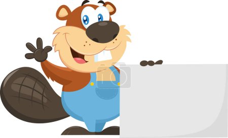 Illustration for Cute Beaver Cartoon Character Holding A Blank Sign And Waving For Greeting. Vector Illustration Flat Design Isolated On Transparent Background - Royalty Free Image