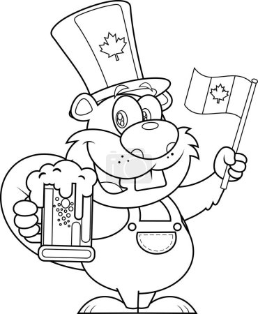 Illustration for Patriotic Beaver Cartoon Character Holding Mug Of Beer And Waving Canadian Flag. Vector Illustration Flat Design Isolated On Transparent Background - Royalty Free Image