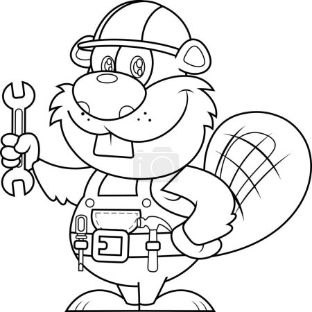 Illustration for Cute Beaver Carpenter Cartoon Character With Helmet Holding A Wrench. Vector Illustration Flat Design Isolated On Transparent Background - Royalty Free Image