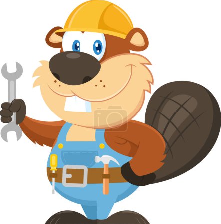 Illustration for Cute Beaver Carpenter Cartoon Character With Helmet Holding A Wrench. Vector Illustration Flat Design Isolated On Transparent Background - Royalty Free Image