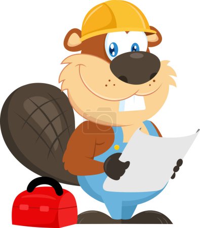 Illustration for Cute Beaver Carpenter Cartoon Character With Helmet Holding A Blueprint. Vector Illustration Flat Design Isolated On Transparent Background - Royalty Free Image