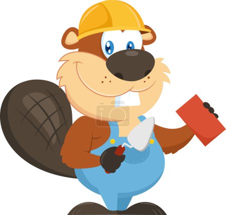 Téléchargez les illustrations : Mignon Beaver Builder personnage de bande dessinée portant un casque et en utilisant truelle et brique. Illustration vectorielle Design plat isolé sur fond transparent - en licence libre de droit