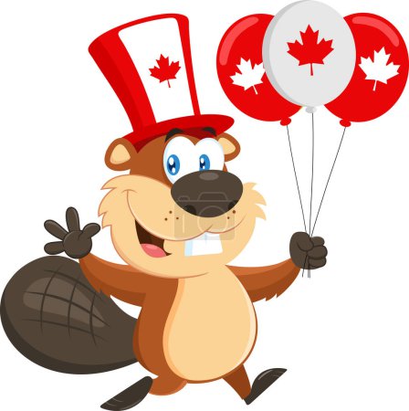Illustration for Canadian Beaver Cartoon Character Running With Balloon For Happy Canada Day. Vector Illustration Flat Design Isolated On Transparent Background - Royalty Free Image