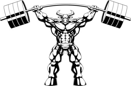 Téléchargez les illustrations : Mascotte de Bodybuilder Musclé Bull Levage Big Barbell Vector Illustration dessinée à la main isolée sur fond transparent - en licence libre de droit