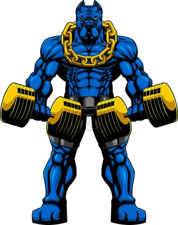 Illustration for Muscular Blue PitBull Bodybuilder Mascot Doing Exercise With Dumbbells. Vector Hand Drawn Illustration Isolated On Transparent Background - Royalty Free Image