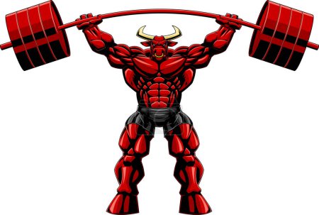 Téléchargez les illustrations : Mascotte Musclerie Red Bull Bodybuilder Lifting Big Barbell. Illustration dessinée à la main vectorielle isolée sur fond transparent - en licence libre de droit