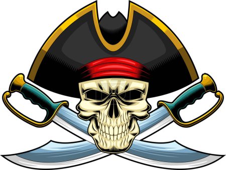 Ilustración de Cráneo pirata con dos Sabres Diseño de Logo Gráfico. Ilustración dibujada a mano vectorial aislada sobre fondo transparente - Imagen libre de derechos