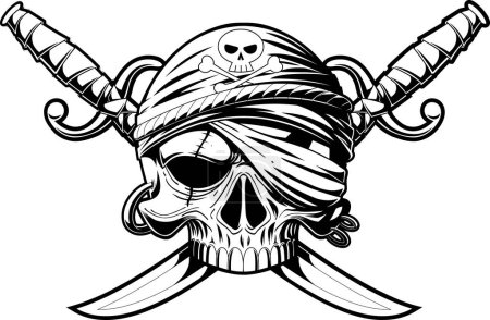 Ilustración de Calavera Pirata Delineada con Dos Sabres Diseño Gráfico de Logo. Ilustración dibujada a mano vectorial aislada sobre fondo transparente - Imagen libre de derechos