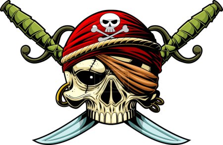Ilustración de Cráneo pirata con dos Sabres Diseño de Logo Gráfico. Ilustración dibujada a mano vectorial aislada sobre fondo transparente - Imagen libre de derechos