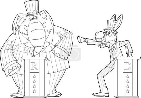 Illustration for Outlined Republican Elephant vs Democrat Donkey Cartoon Characters. Vector Hand Drawn Illustration Isolated On Transparent Background - Royalty Free Image