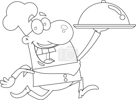 Ilustración de Delineado sonriente Chef Hombre Personaje de dibujos animados corriendo con plato de plata. Ilustración dibujada a mano vectorial aislada sobre fondo transparente - Imagen libre de derechos