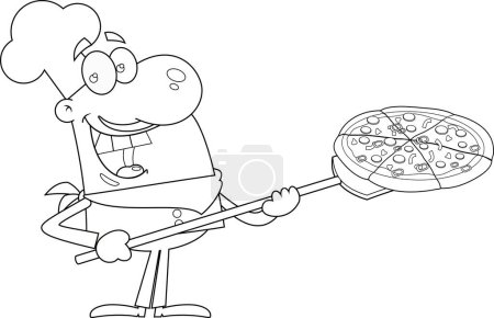 Illustration for Outlined Happy Chef Man Cartoon Character Inserting A Pizza. Vector Hand Drawn Illustration Isolated On Transparent Background - Royalty Free Image