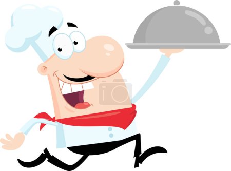 Illustration for Smiling Chef Man Cartoon Character Running With Silver Platter. Vector Illustration Flat Design Isolated On Transparent Background - Royalty Free Image