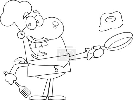 Ilustración de Delineado Chef Feliz Hombre Personaje de dibujos animados sosteniendo una sartén con huevo. Ilustración dibujada a mano vectorial aislada sobre fondo transparente - Imagen libre de derechos