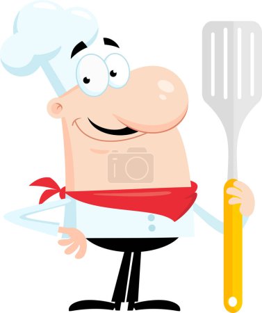 Téléchargez les illustrations : Chef sourire Homme personnage de bande dessinée tenant une grande spatule. Illustration vectorielle Design plat isolé sur fond transparent - en licence libre de droit