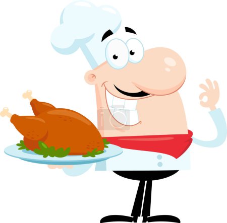 Illustration for Smiling Chef Man Cartoon Character Holding Roasted Chicken. Vector Illustration Flat Design Isolated On Transparent Background - Royalty Free Image