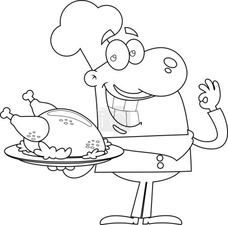 Illustration for Outlined Smiling Chef Man Cartoon Character Holding Roasted Chicken. Vector Hand Drawn Illustration Isolated On Transparent Background - Royalty Free Image