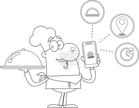 Illustration for Outlined Funny Chef Man Cartoon Character With Silver Platter And Smartphone For Order Food Online. Vector Hand Drawn Illustration Isolated On Transparent Background - Royalty Free Image