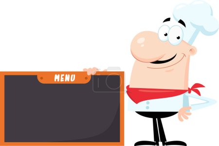 Illustration for Smiling Chef Man Cartoon Character Holding Menu Board. Vector Illustration Flat Design Isolated On Transparent Background - Royalty Free Image