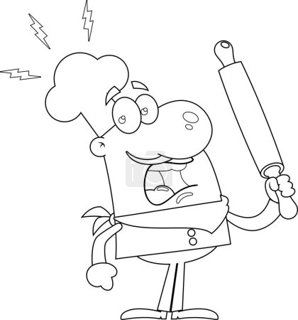 Illustration for Outlined Angry Chef Man Cartoon Character Holding A Rolling Pin. Vector Hand Drawn Illustration Isolated On Transparent Background - Royalty Free Image