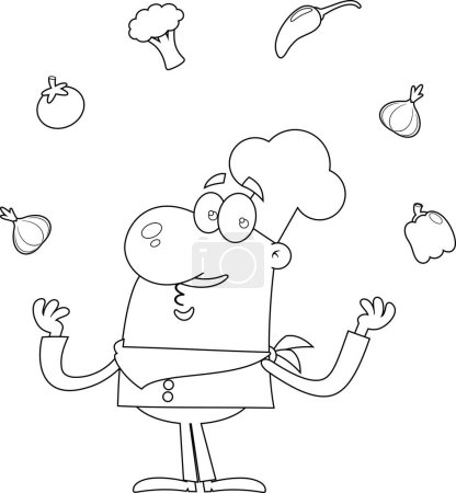 Téléchargez les illustrations : Drôle dessiné Chef Homme personnage de bande dessinée jongler avec des légumes frais. Illustration dessinée à la main vectorielle isolée sur fond transparent - en licence libre de droit