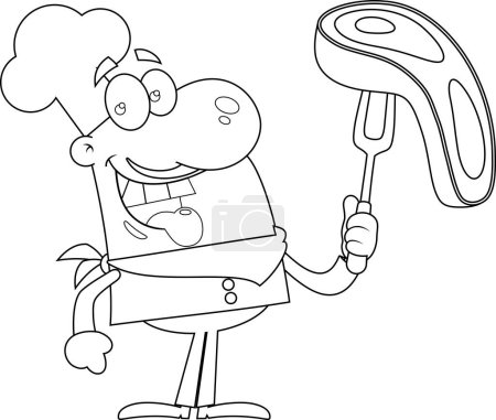 Ilustración de Delineado Chef Feliz Hombre Personaje de dibujos animados sosteniendo un filete crudo en la barbacoa tenedor. Ilustración dibujada a mano vectorial aislada sobre fondo transparente - Imagen libre de derechos
