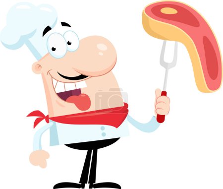 Illustration for Happy Chef Man Cartoon Character Holding A Raw Steak On BBQ Fork. Vector Illustration Flat Design Isolated On Transparent Background - Royalty Free Image