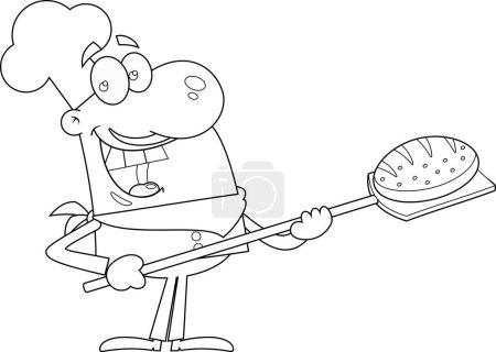 Illustration for Outlined Happy Chef Baker Man Cartoon Character Holding Bakery Peel Tool With Bread. Vector Hand Drawn Illustration Isolated On Transparent Background - Royalty Free Image
