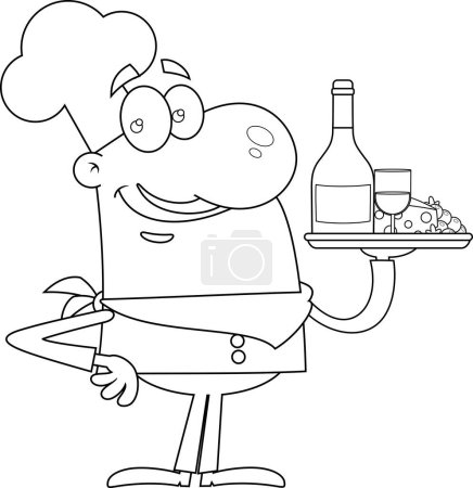 Outlined Smiling Chef Man Cartoon Character Holding Plate With Wine And Cheese. Vector Hand Drawn Illustration Isolated On Transparent Background