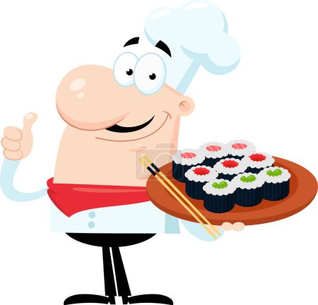 Ilustración de Chef Man Cartoon Character Holding Sushi Set Japanese Seafood And Giving The Thumbs Up. Ilustración vectorial Diseño plano aislado sobre fondo transparente - Imagen libre de derechos