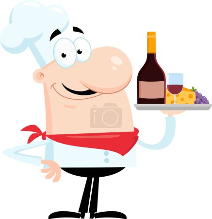 Illustration for Smiling Chef Man Cartoon Character Holding Plate With Wine And Cheese. Vector Illustration Flat Design Isolated On Transparent Background - Royalty Free Image