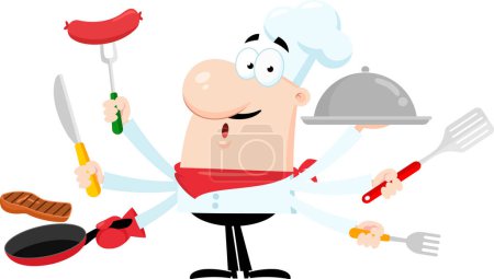 Illustration for Chef Man Cartoon Character Multitasking At Kitchen. Vector Illustration Flat Design Isolated On Transparent Background - Royalty Free Image