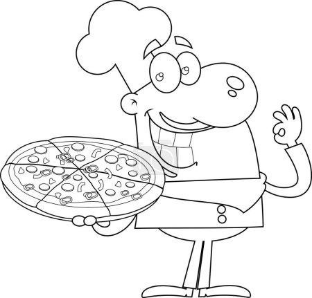 Illustration for Outlined Smiling Chef Man Cartoon Character Holding A Pizza And Gesturing Ok. Vector Hand Drawn Illustration Isolated On Transparent Background - Royalty Free Image