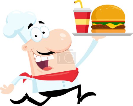 Illustration for Happy Chef Man Cartoon Character Running With Burger And Soda. Vector Illustration Flat Design Isolated On Transparent Background - Royalty Free Image