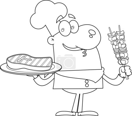 Illustration for Outlined Chef Man Cartoon Character Holding A Platter With Grilled Steak And Meat Skewers. Vector Hand Drawn Illustration Isolated On Transparent Background - Royalty Free Image