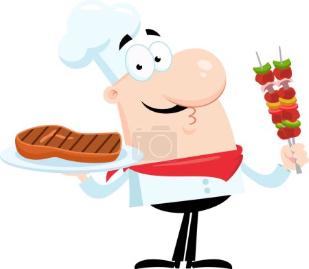 Ilustración de Chef Man Personaje de dibujos animados sosteniendo una bandeja con filete a la parrilla y pinchos de carne. Ilustración vectorial Diseño plano aislado sobre fondo transparente - Imagen libre de derechos