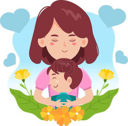 Illustration for Cartoon Mother's Day Banner Template, Mother Embracing A Son. Vector Illustration Flat Design Isolated On Transparent Background - Royalty Free Image