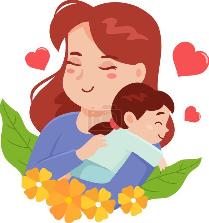 Ilustración de Plantilla de banner del día de la madre de dibujos animados, Madre abrazando a una hija. Ilustración vectorial Diseño plano aislado sobre fondo transparente - Imagen libre de derechos