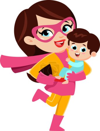 Illustration for Super Hero Mom Carrying Her Son Cartoon Characters. Vector Illustration Flat Design Isolated On Transparent Background - Royalty Free Image