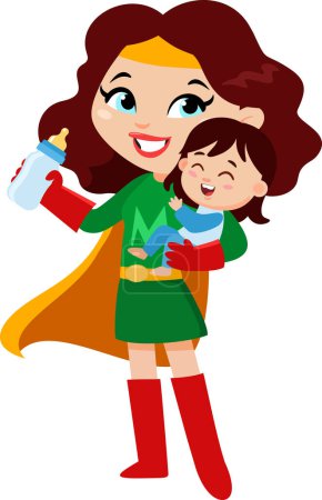 Super Hero Mom Carrying Her Son Cartoon Characters. Vector Illustration Flat Design Isolated On Transparent Background