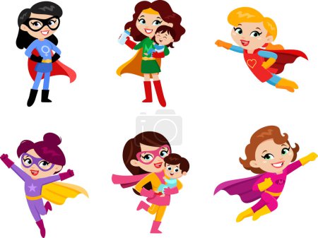 Téléchargez les illustrations : Super héros maman personnages de bande dessinée. Ensemble de collection Vector Flat Design isolé sur fond transparent - en licence libre de droit