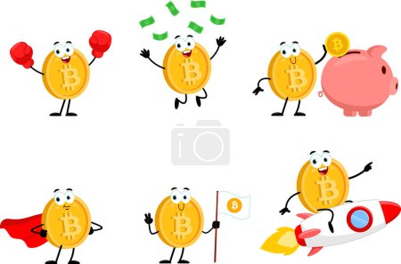 Illustration for Bitcoin Crypto Cartoon Character. Vector Flat Design Collection Set Isolated On Transparent Background - Royalty Free Image